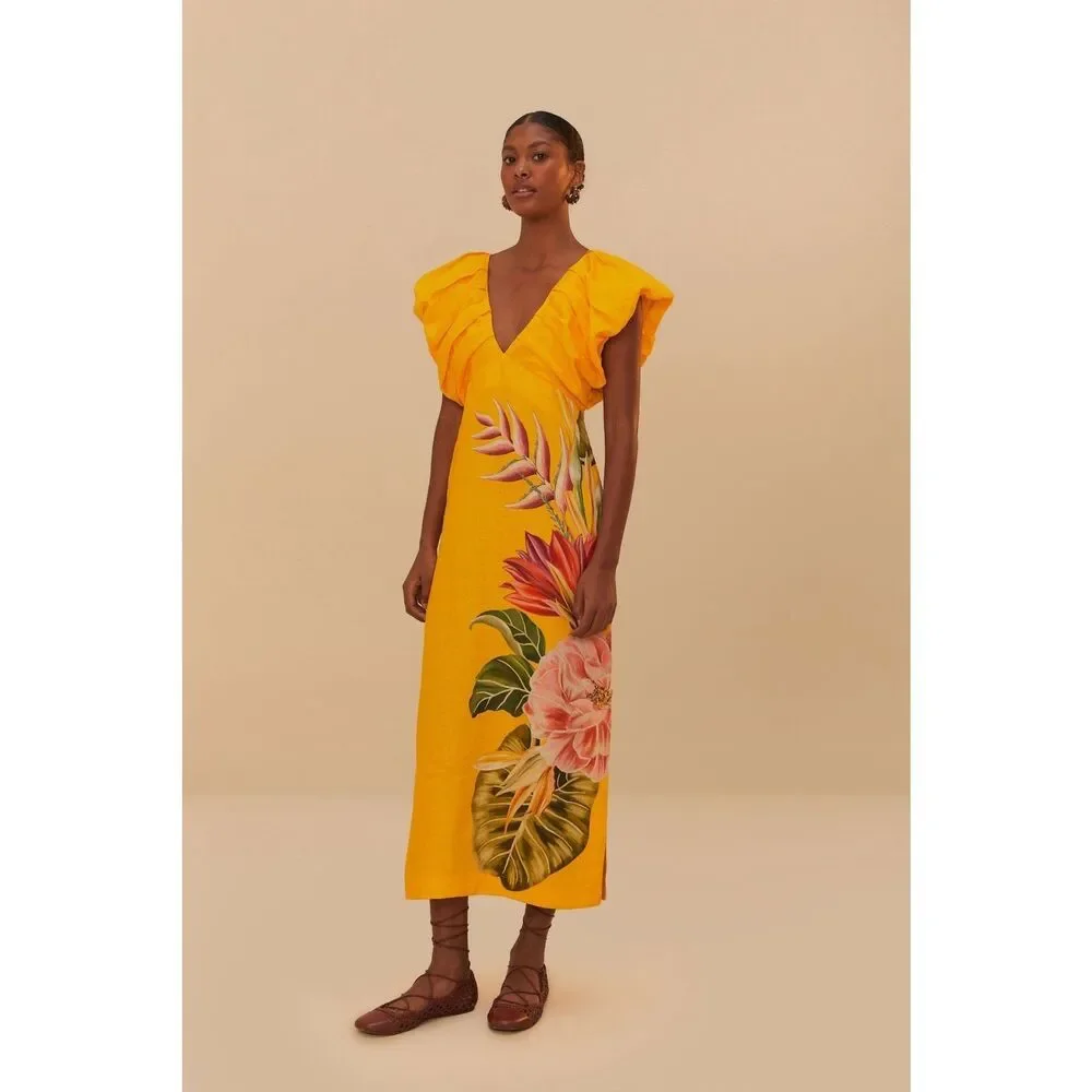 Anthropologie Farm Rio V-Neck Linen Midi Dress - Picture 5 of 13